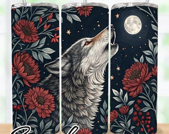 Wolf Howling at Moon, William Morris Style, Seamless 20 oz Skinny Tumbler Wrap Sublimation Design, Instant Digital Download PNG, 300 DPI