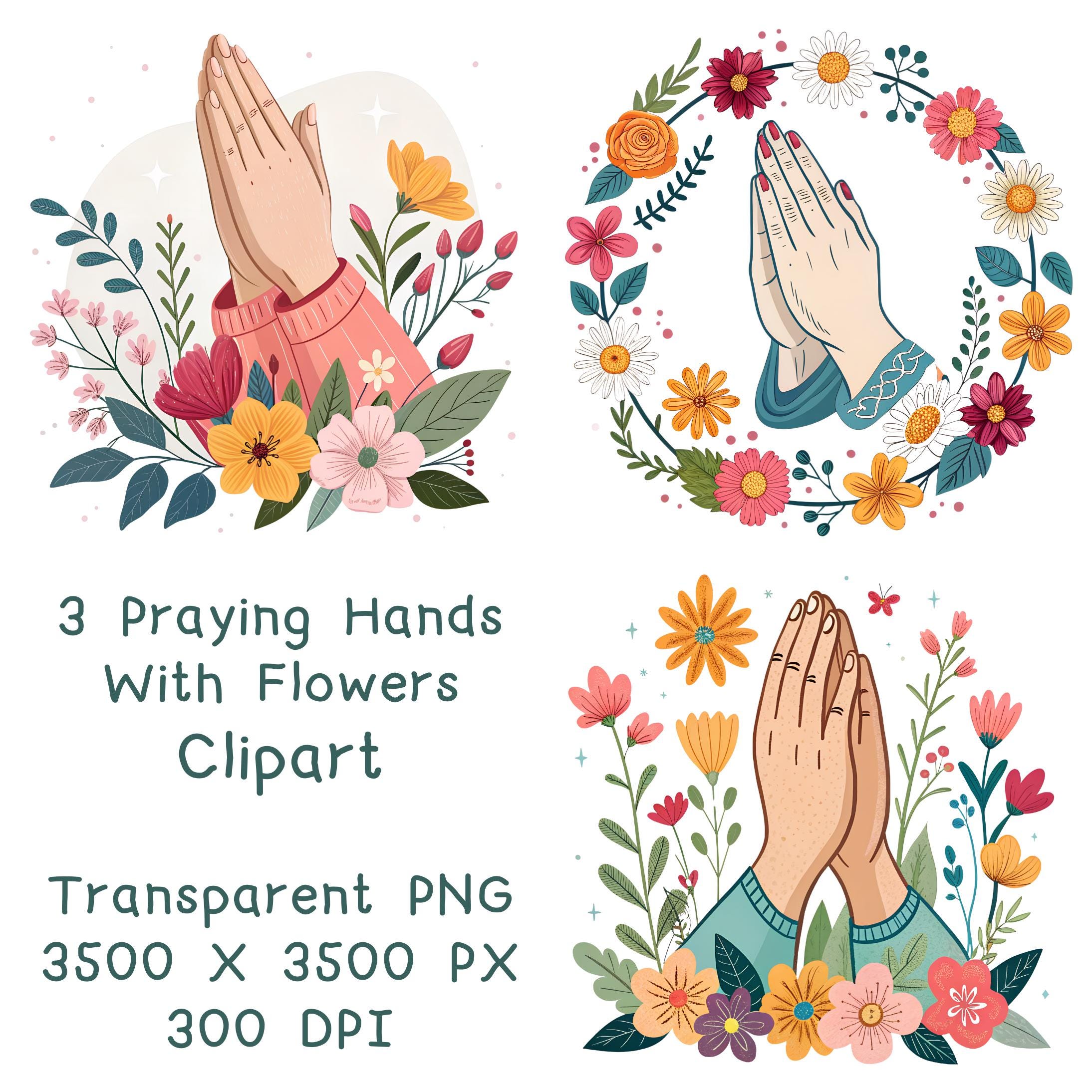 3 Praying Hands with Florals, Christian Digital Clipart for Logo, Sticker, Greeting Card,Magnet, Mug Digital Print, Transparent PNG, 300 DPI