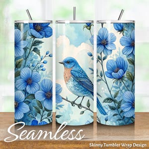 Östlig blåfågel med blå himmel och blommor, sömlös 20 oz smal tumblerwrap sublimeringsdesign, omedelbar digital nedladdning PNG, 300 DPI