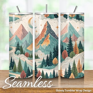 May include: Seamless skinny tumbler wrap design featuring a colorful mountain landscape with a crescent moon and stars. The design is perfect for creating a unique and personalized tumbler.