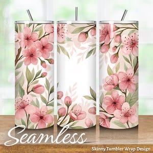 May include: Seamless skinny tumbler wrap design featuring pink watercolor cherry blossoms and green leaves on a white background. The design is meant to be wrapped around a skinny tumbler.