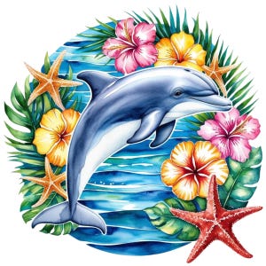 Delphin Tropischer Ozean, Meereswelt, digitale Clipart für T-Shirt, Becher, Abziehbild, Digitaldruck, transparente PNG, 4200px, kommerzielle Nutzung & POD