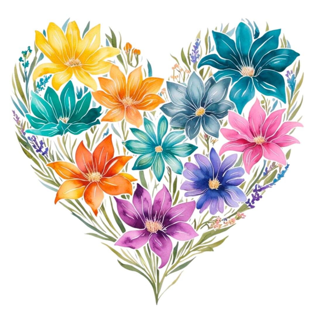 Watercolor Spring Floral Heart, Flower Filled Heart Digital Clipart for ...