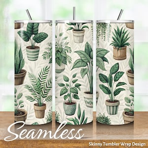 Pode incluir: Design de padrão sem costura com várias plantas em vasos em tons de verde sobre um fundo creme. Este design é perfeito para embrulhar um copo fino.