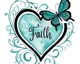 Watercolor Teal Faith Heart with Butterfly Digital Clipart for T-Shirt, Greeting Card, Digital Print, Transparent PNG, Commercial Use