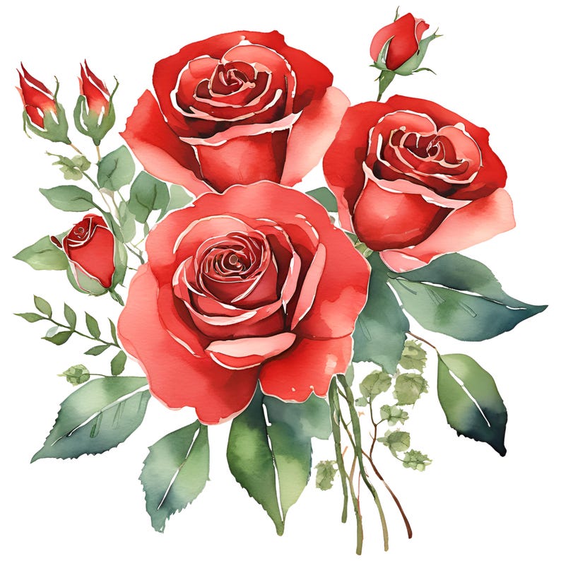 Watercolor Red Roses, Red Rose Bouquet Vector, Digital Clipart, Digital