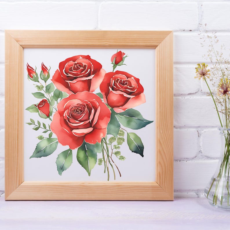 Watercolor Red Roses, Red Rose Bouquet Vector, Digital Clipart, Digital