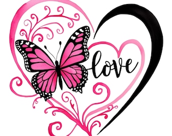 Watercolor Pink Love Heart with Butterfly Digital Clipart for T-Shirt, Greeting Card, Digital Print, Transparent PNG, Commercial Use