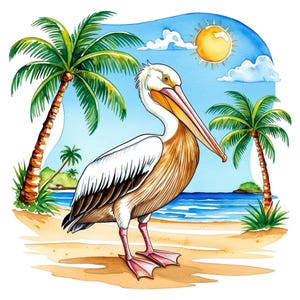 Pellicano acquerello sulla spiaggia, palme, marina, clipart digitale per maglietta, tazza, adesivo, stampa digitale, PNG trasparente, uso commerciale