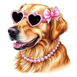 Golden Retriever Coquette Pink Bow & Óculos de Sol, Clipart Digital para Camiseta, Caneca, Decalque, Impressão Digital, PNG Transparente, Uso Comercial