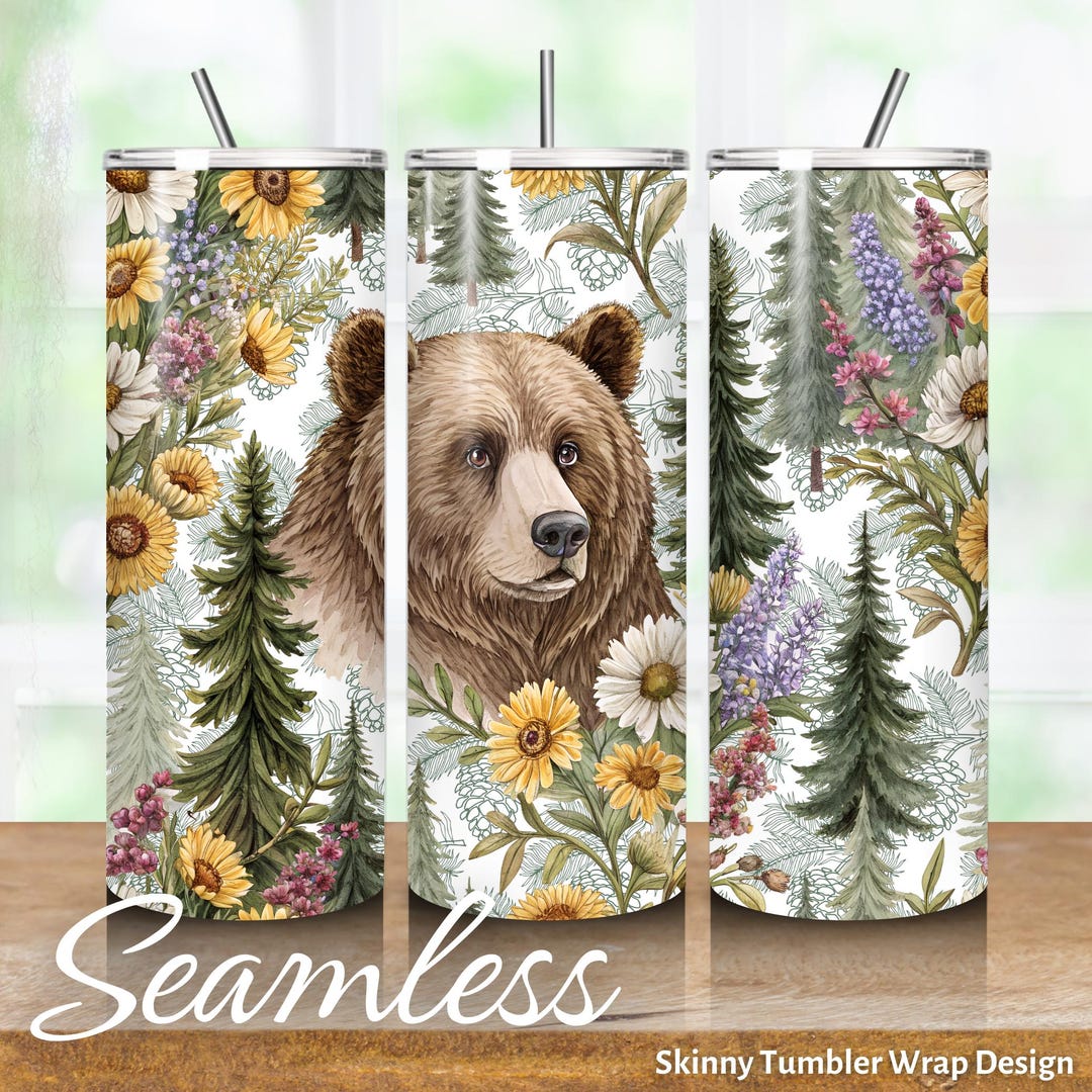 Bear in Forest With Wildflowers, Nature Scene, Seamless 20 Oz Skinny ...