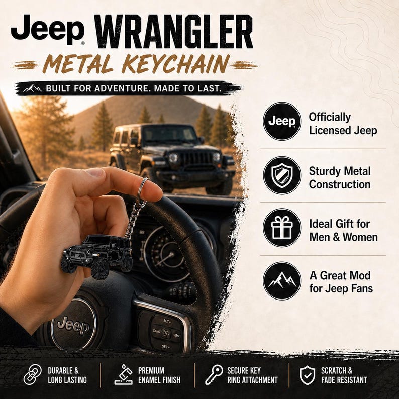 May include: A black metal Jeep Wrangler keychain featuring a detailed miniature vehicle model with a silver key ring attachment. The product display includes the text Jeep WRANGLER METAL KEYCHAIN, BUILT FOR ADVENTURE. MADE TO LAST, and various icons.