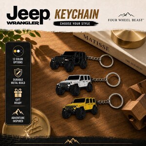 May include: Three Jeep Wrangler metal keychains in black, white, and yellow, each featuring a detailed off-road vehicle design with a silver split ring. The image includes text: Jeep Wrangler Keychain, Choose Your Style, Four Wheel Beast, 12 Color Options, Durable Metal Build, Gift Ready, Adventure Inspired.