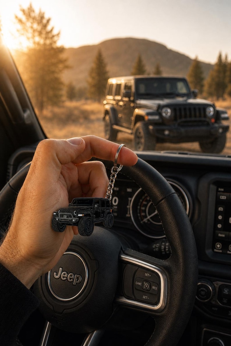 May include: A black metal keychain shaped like a Jeep Wrangler SUV, featuring detailed tires, a front grille, and headlights, attached to a silver-toned circular split ring, held up against the backdrop of a vehicle interior and a parked SUV.