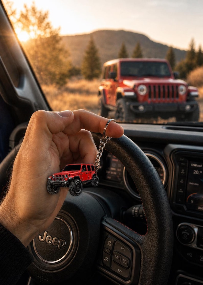 May include: A miniature red off-road vehicle keychain featuring a detailed metal body, black wheels, and a silver-toned metal chain and ring attachment. The keychain is held up against a blurred background showing a full-sized red vehicle.