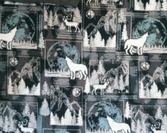 Wolf Handmade Fleece Sewn Blanket| Double Sided Fleece Cabin Throw| Elk Woodland Trees Mountains Full Moon Howling Gray Wolf Snuggle Blanket
