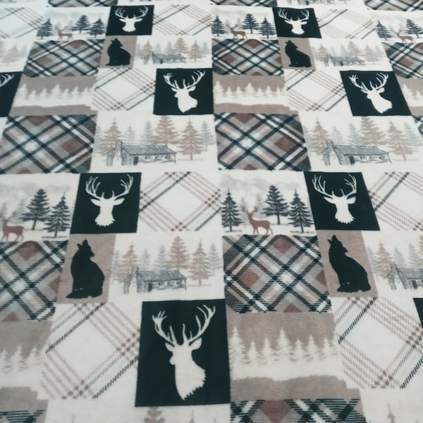 Cozy Fleece Sherpa Blanket| Cozy Cabin Blanket| Thick Double Sided Fleece Blanket| Deer Wolf Brown Plaid Patch Blanket| Sewn Luxurious Throw