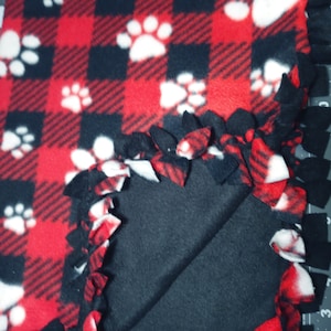 Personalized Buffalo Plaid Fleece Pet Blanket: Paw Print Tie Blanket