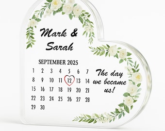 Personalised Wedding Calendar Heart Plaque, Floral Couple Keepsake, Anniversary Gift
