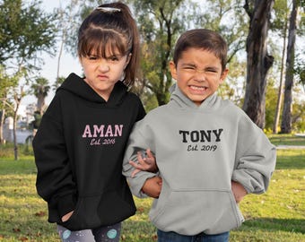 Custom Embroidered Kids Hoodie: Personalised Name & Date Gift