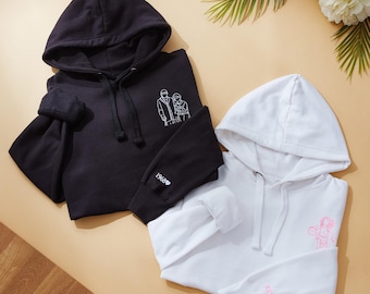 Personalised Photo Outline Embroidered Hoodie, Custom Picture Hoodie, Couple Portrait Gift