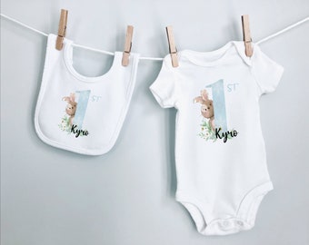 First Birthday Baby Onesie And Bib Bunny Theme, 1st Birthday Baby Bodysuit And Baby Bib Gift, Personalised Bunny 1st Birthday Onesie And Bib