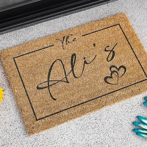Personalised Coir Doormat with Mid Box and Heart Design, Natural Coir Entrance Door Mat, Custom Doormat for Indoor and Outdoor Entrance Mat