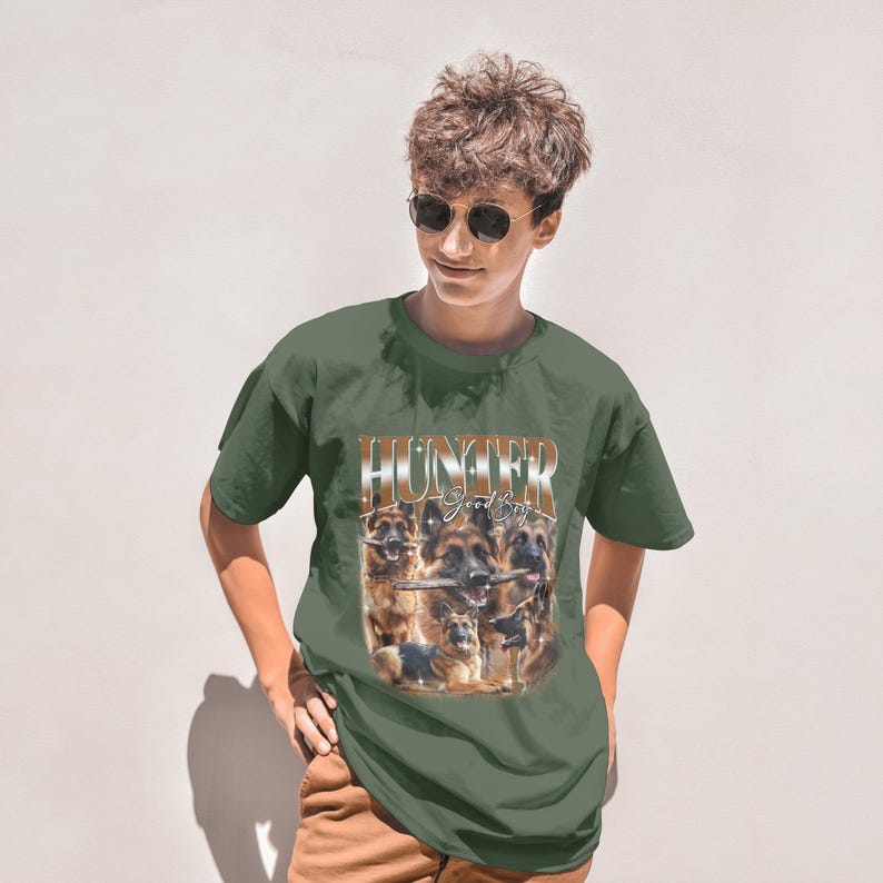 a man wearing a green shirt with a picture of a bunch of animals on it