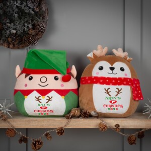 May include: Two plush toys, one a green elf with a red hat and the other a brown reindeer with a red scarf, both with embroidered text. The elf says "Kai's 1st Christmas 2023" and the reindeer says "Arya's 1st Christmas 2024".