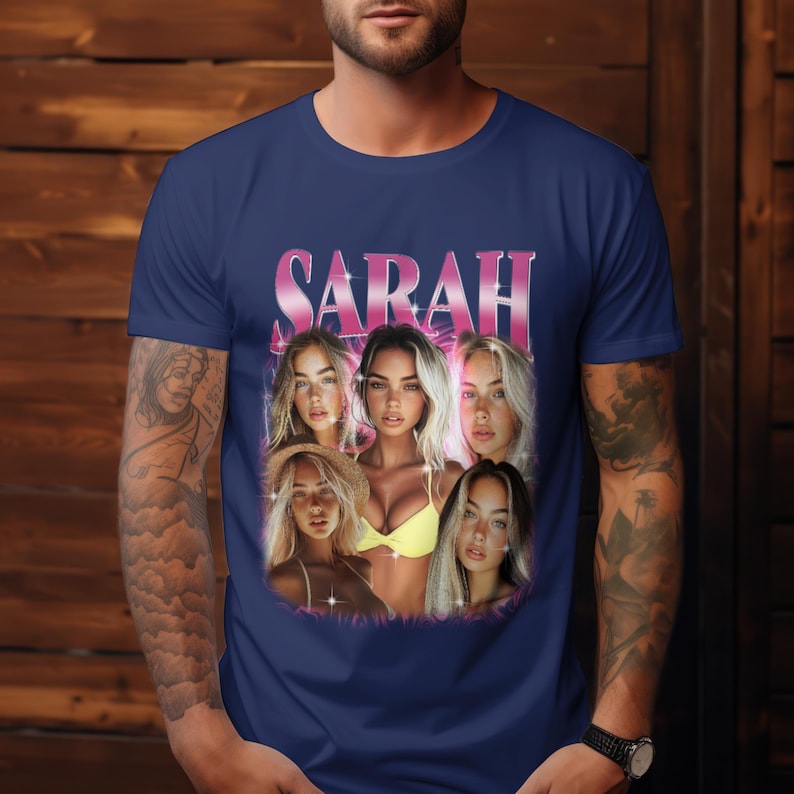 a man wearing a t - shirt with a picture of a group of women on