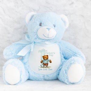 May include: A light blue plush teddy bear with a white ribbon around its neck. The bear is wearing a white bib with the text "Happy 1st Father's Day Love from Theo" printed on it.