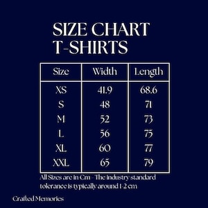 May include: A navy blue graphic with a white table displaying a t-shirt size chart. The chart includes sizes XS to XXL, with width and length measurements in centimeters. The text "SIZE CHART T-SHIRTS" is at the top.