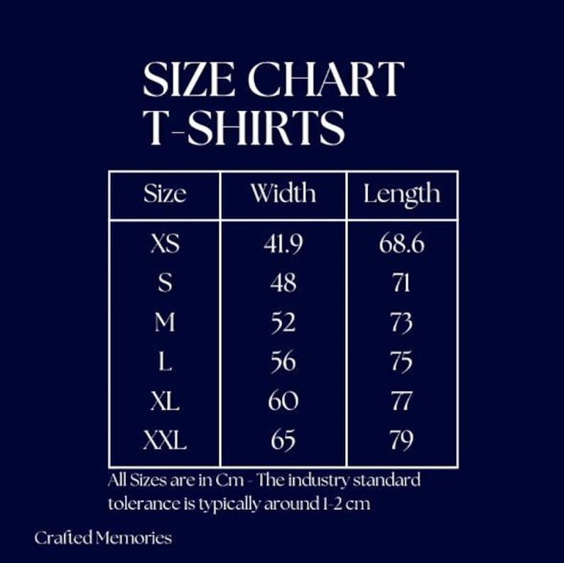 May include: A navy blue graphic with a white table displaying a t-shirt size chart. The chart includes sizes XS to XXL, with width and length measurements in centimeters. The text "SIZE CHART T-SHIRTS" is at the top.
