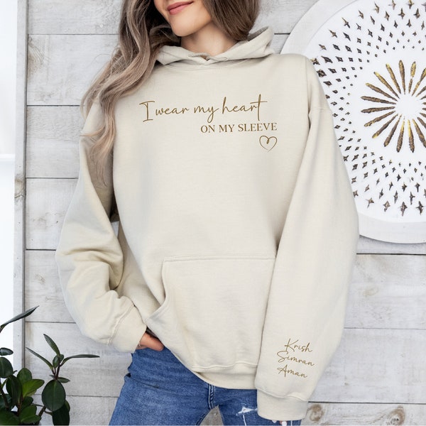Custom Embroidered Heart on Sleeve Sweatshirt Hoodie, Personalised Gifts, Name Gift, Mother's Day, Gifts for Mum, Couple, Unisex, For Her