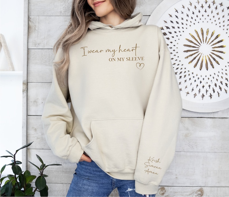 Custom Embroidered Heart on Sleeve Sweatshirt Hoodie, Personalised Gifts, Name Gift, Mother's Day, Gifts for Mum, Couple, Unisex, For Her image 1