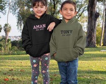 Personalised Embroidered Kids Hoodie: Personalised Name & Date Sweatshirt