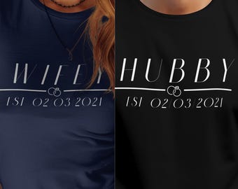 Wifey Hubby Matching T-Shirts, Custom Date Couple Tees, Anniversary Wedding Gift