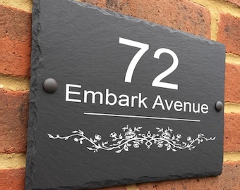Personalised Slate House Sign, Custom Vine Address Plaque, Rustic Vine Design (20x15cm)