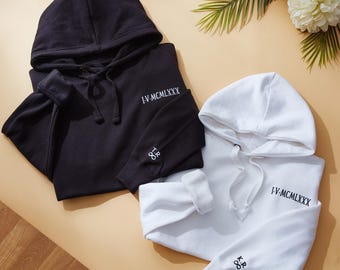Personalised Embroidered Date Hoodie, Roman Numeral Anniversary Hoodie, Custom Wedding Date Sweatshirt, Minimalist Couples Gift