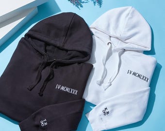 Custom Roman Numeral Sweatshirt Hoodie, Roman Numeral Embroidered Hoodie, Personalised Gift for Couple, Christmas Hoodie Anniversary Gift