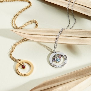 Personalised Family Birthstone Necklace: Engraved Name, 18k Gold Plated