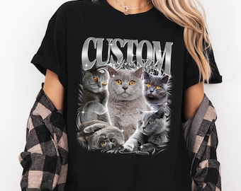 Custom Pet Photo T Shirt, Personalised Dog Cat Bootleg Tee, Vintage Rap Graphic Shirt