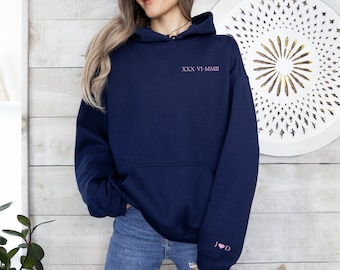 Roman Numeral Embroidered Sweatshirt Hoodie, Personalised Hoodie Anniversary Gift for Couple, Initial On Sleeve Hoodie, Roman Numeral Hoodie