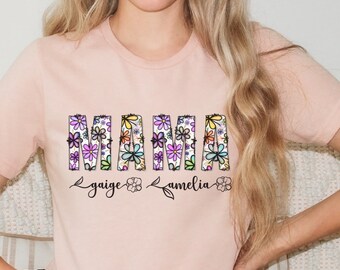 Personalized MAMA Shirt with Kids Names, Custom Mom Shirt,  Floral Mama Shirt, Mama T-shirt, Gift for Mama, Mother’s Day Shirt, Mama Tee