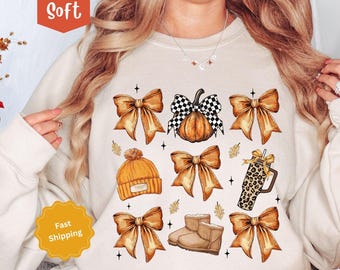 Fall Vibes Sweatshirt, Fall Girly Shirt, Pumpkin Fall Crewneck, Coquette Bow Shirt, Pumpkin Bow Shirt for Women, Autumn Sweater
