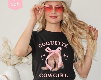 Cowgirl Boots Shirt, Pink Bow TShirt, Western Graphic Tee for Women, Trendy Oversized Shirt, Cute Country Shirt, Coquette Pink Cowgirl Shirt