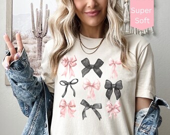 Dark Coquette Aesthetic Top, Black Bow Shirt, Trendy Oversized Tee with Pink Bow Accent, Preppy T-shirt for Women, Chic Coquette Clothing