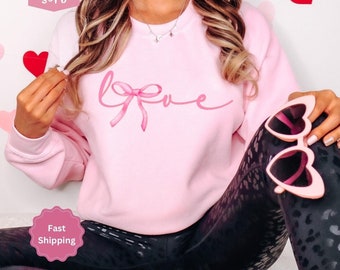 Valentine Love Bow Sweatshirt, Coquette Love Shirt, Pink Bow Shirt Valentines Day Sweater, Valentine Heart Crewneck, Valentines Day Gift