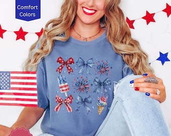 Coquette 4th of July Shirt, Coquette American Flag Shirt, America Shirt, Trendy Bow Tshirt, Fourth of July, Retro 4th of July, Patriotic Tee