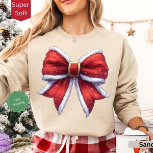 Santa Bow Sweatshirt, Holiday Shirt, Women&#39;s Christmas Shirt, Cute Holiday Sweater, Christmas Coquette Shirt, Holiday Party Crewneck